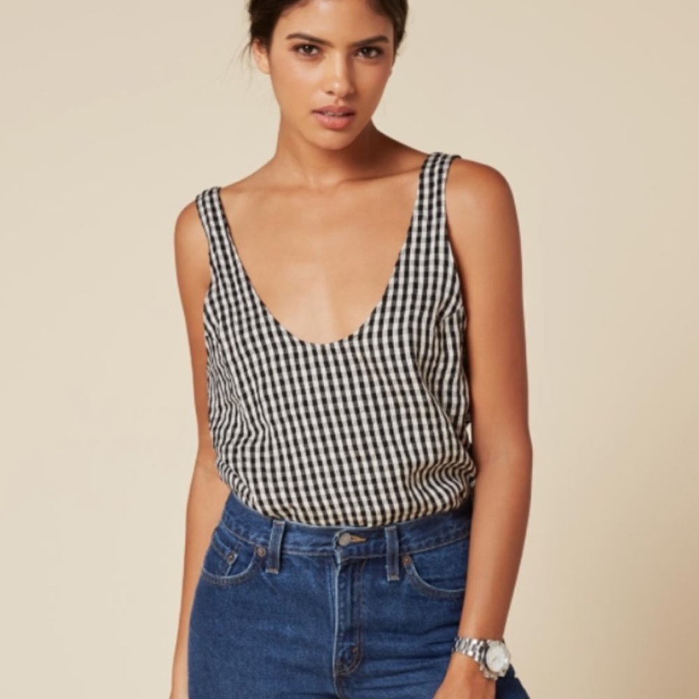 Reformation Lyle Gingham Check Linen Tank Top - L